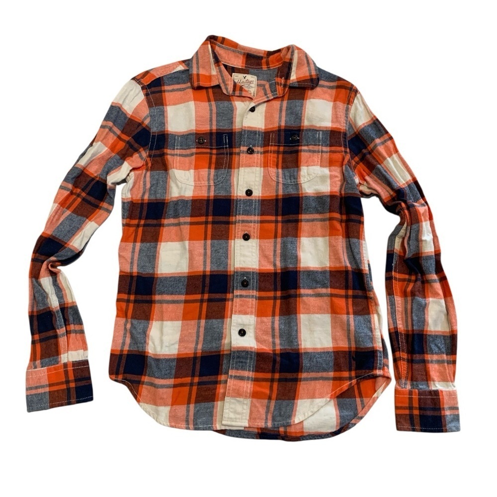 💜 American Eagle Heritage Flannel Shirt Classic Fit Orange Navy Plaid XS